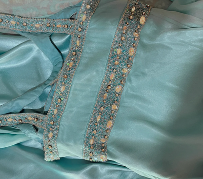 Retro Blue Satin Chiffon Beaded Mermaid Long Evening Dress Formal Wedding Guest Dress D2136