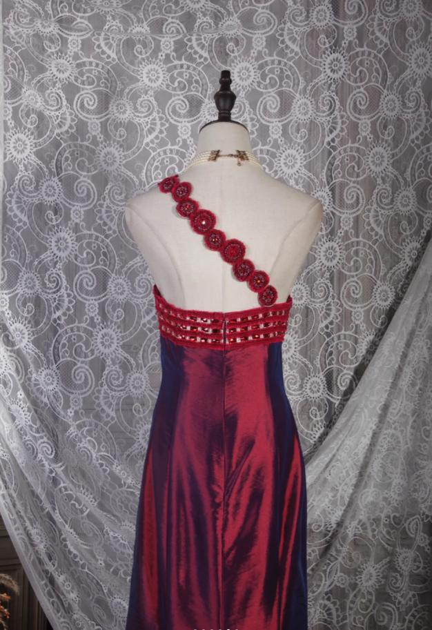 Pretty Burgundy One Shoulder Satin Mermaid Long Party Dress Prom Dress D2246