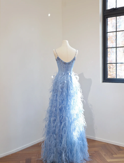 Fairy Spaghetti Straps Blue Satin Beaded Feathers A Line Birthday Prom Dress Party Dress D2151