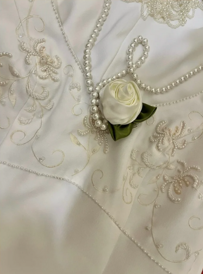 Elegant V Neck Satin Beaded Mermaid Long Wedding Guest Dress White Formal Party Dress Prom Gown