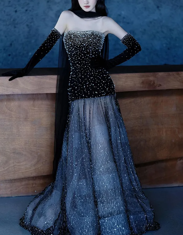 Gorgeous Black Strapless Tulle Beaded Mermaid Evening Dress Long Prom Dresses D1926