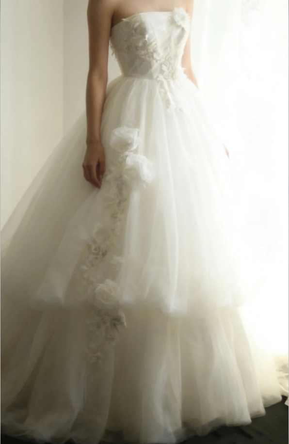 Fairy Strapless Tulle Appliqued Ball Gown White Long Wedding Dress