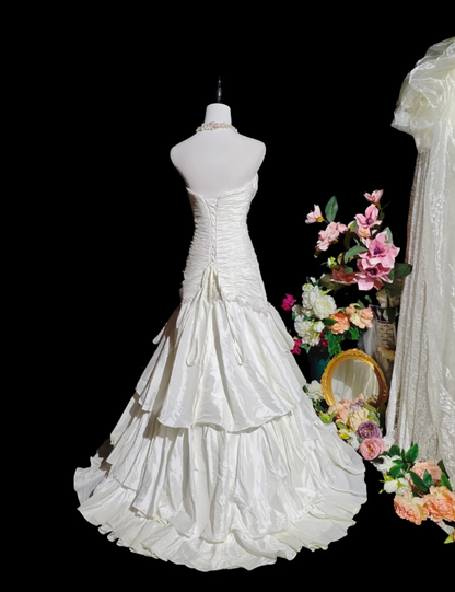 Elegant Strapless White Satin Beaded Pleated Layered Mermaid Long Prom Dress Birthday Party Dress D2370