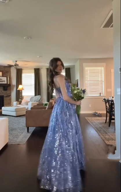 Shiny Spaghetti Straps Blue Tulle Sequin A Line Long Evening Dress Formal Birthday Party Gown