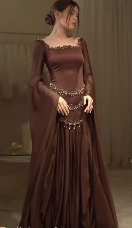 Gorgeous Brown Satin Chiffon Beaded Mermaid Prom Dress Long Party Gown