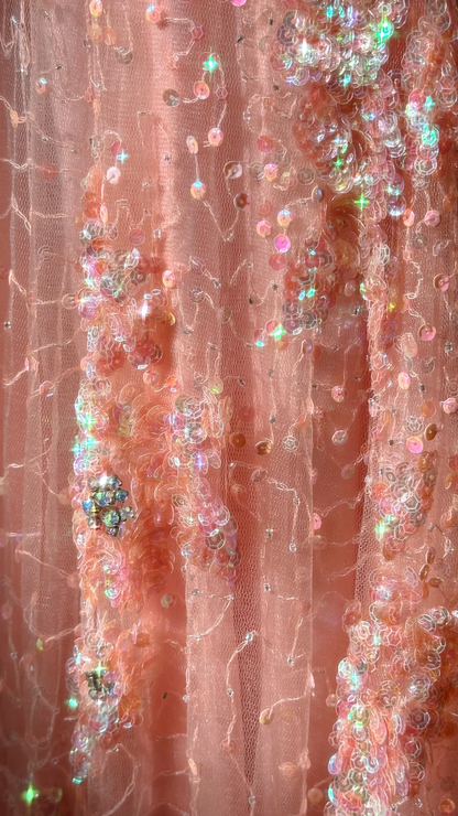 Glitter Strapless Pink Tulle Sequin Beaded Mermaid Party Dress Slit Long Evening Gown