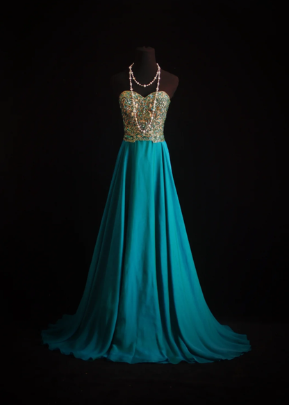 Unique Blue Green Strapless Satin Beaded Long Wedding Guest Dress Formal Birthday Party Dress Prom Gown