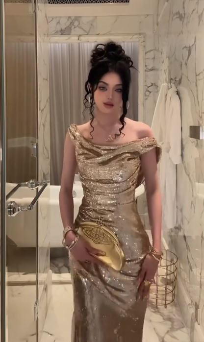 Elegant Champagne Gold Sequins Mermaid Prom Dress,Off Shoulder Slit Long Prom Dress Party Gown cc2804