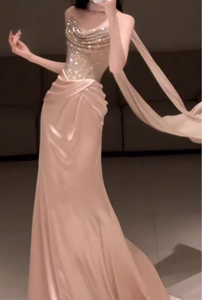 Elegant Strapless Sequin Satin Pleated Mermaid Long Party Dress Birthday Prom Dresses D2219