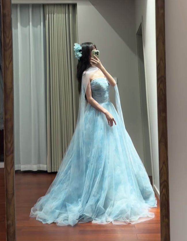 Classy Blue Strapless Tulle Beaded Long Party Dress Birthday Prom Dresses D1696