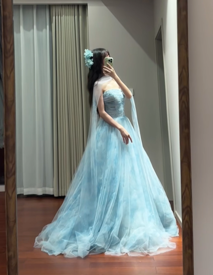 Classy Blue Strapless Tulle Beaded Long Party Dress Birthday Prom Dresses D1696