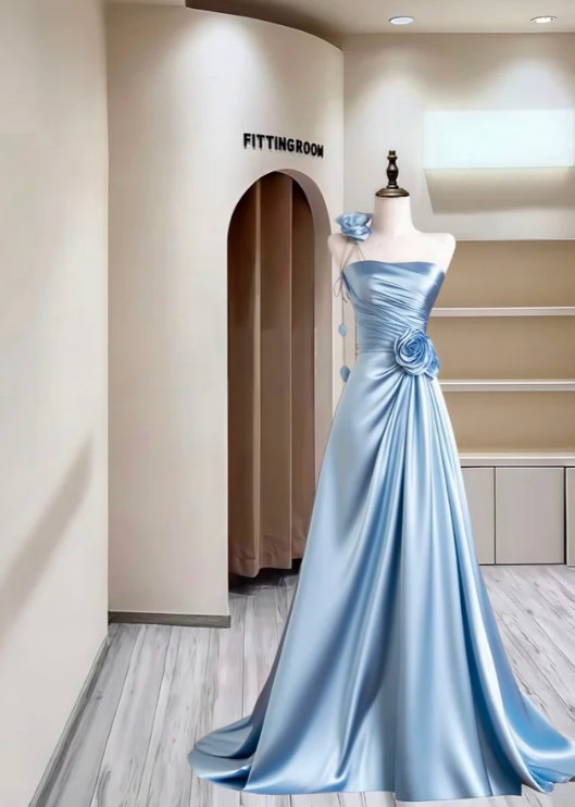 Glamorous One Shoulder Blue Satin Pleated Long Party Dress Birthday Prom Dress With 3D Flowers D2397