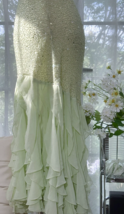 Pretty Spaghetti Straps Light Green Chiffon Beaded  Ruffles Mermaid Evening Dress Long Party Dress D1555