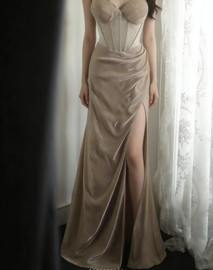 Glitter Spaghetti Straps Satin Beaded Mermaid Slit Evening Dress Long Prom Dress D2320