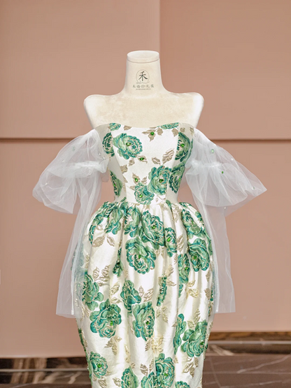 Retro strapless green floral print fitted waist puff skirt long ball gown R8375