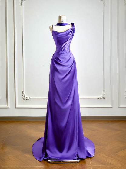 Purple halter-neck satin fitted long elegant ball gown R8147