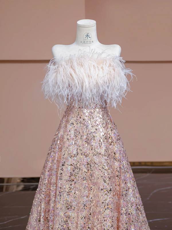 Light pink off-the-shoulder neckline, fitted waist, long flowing skirt, ball gown, bridal dress R8341