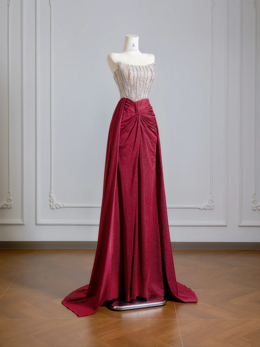 Silver strapless fitted bodice with burgundy long skirt, a formal ball gown/bridal dress R8525