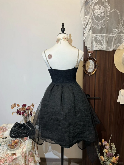 Black suspenders high waist slim irregular skirt short skirt homecoming dress R4352