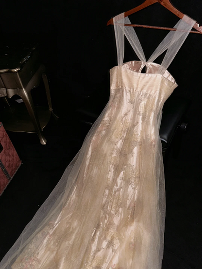 Apricot halter-neck fitted long ball gown R7053