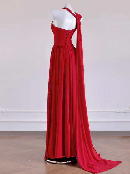 Red one-shoulder fitted waist long elegant ball gown/bridal dress R8284