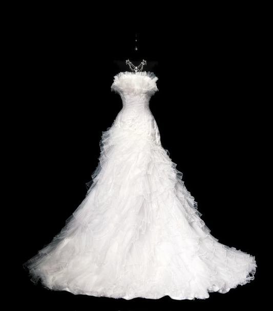 Classy Strapless White Tulle Appliques Layered Mermaid Long Wedding Guest Dress Formal Bridal Dress D1829