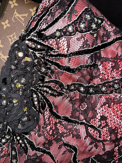 Pink strapless satin black lace fitted long ball gown R6933