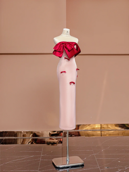 Red off-the-shoulder neckline, light pink fitted waist, long ball gown/bridal dress R8399