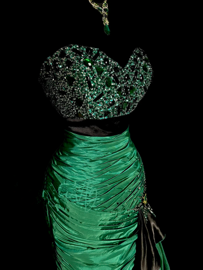 Green strapless rhinestone-embellished, fitted, hip-hugging ball gown R6614