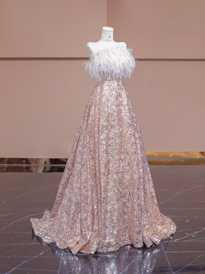 Light pink off-the-shoulder neckline, fitted waist, long flowing skirt, ball gown, bridal dress R8341