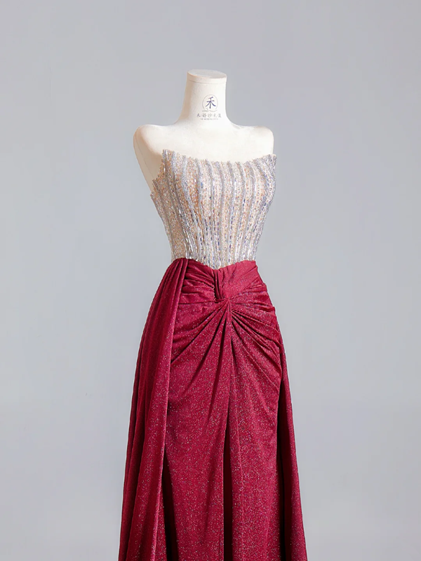 Silver strapless fitted bodice with burgundy long skirt, a formal ball gown/bridal dress R8525