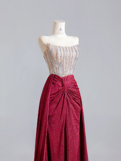 Silver strapless fitted bodice with burgundy long skirt, a formal ball gown/bridal dress R8525