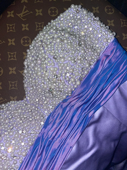 Purple strapless beaded fitted long ball gown R6973