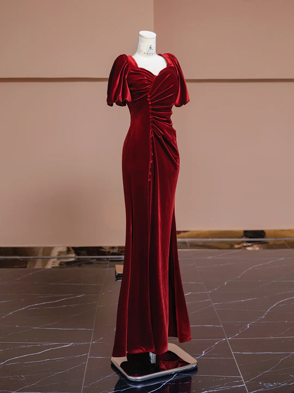 Deep red square neckline fitted waist long ball gown, bridal dress R8313
