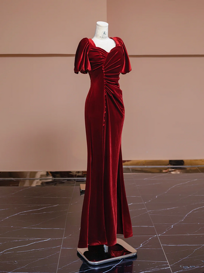 Deep red square neckline fitted waist long ball gown, bridal dress R8313