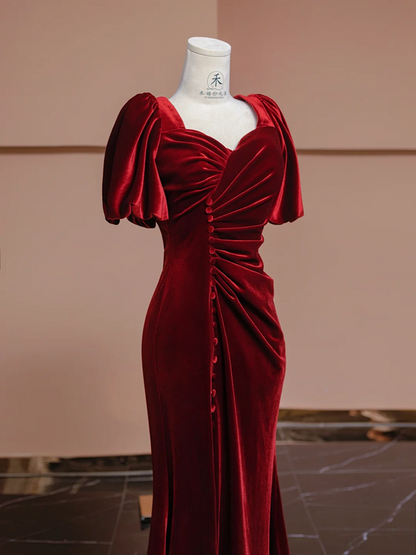 Deep red square neckline fitted waist long ball gown, bridal dress R8313