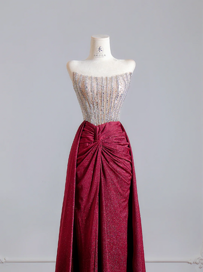 Silver strapless fitted bodice with burgundy long skirt, a formal ball gown/bridal dress R8525