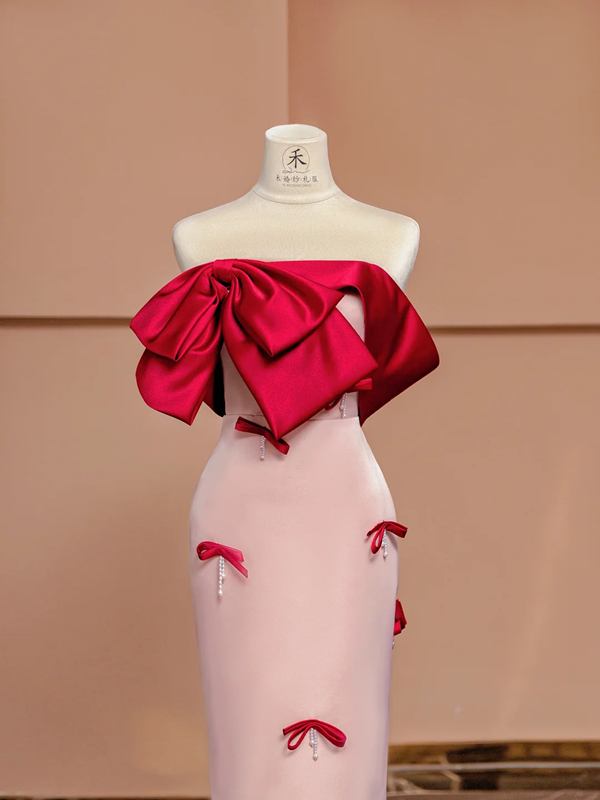Red off-the-shoulder neckline, light pink fitted waist, long ball gown/bridal dress R8399