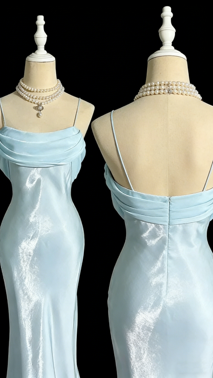 Classy Spaghetti Straps Blue Satin Mermaid Long Wedding Guest Dress Formal Evening Dress SP1510