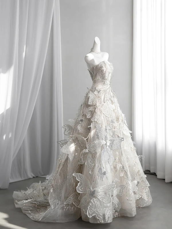 Ivory white strapless fitted waist butterfly-shaped full skirt ball gown, bridal dress R8429