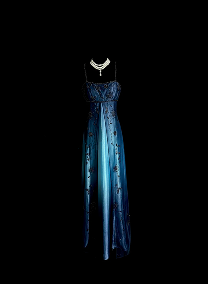 Gradient blue halter-neck beaded fitted long ball gown R6654