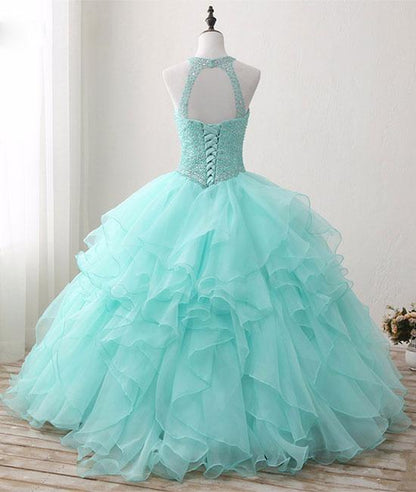Cute green round neck tulle beads long prom dress, sweet 16 dress M4885