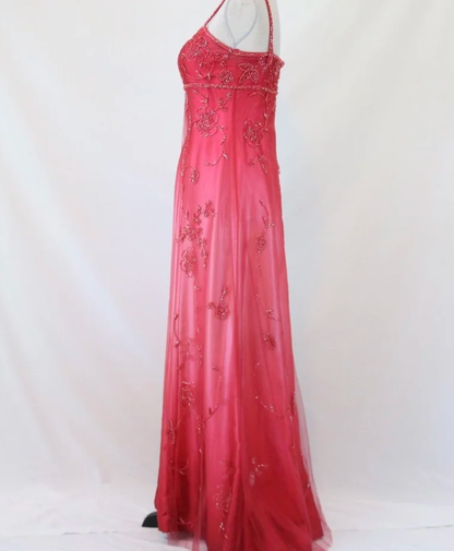Elegant Spaghetti Straps Ombre Pink Satin Beaded Long Party Dress Formal Evening Dress D1535