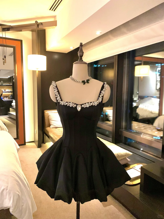 Classy Black Satin Beaded A Line Short Birthday Outfits Homecoming Dress D239