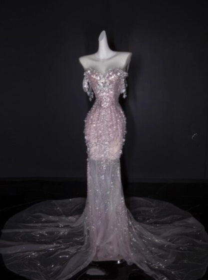Gorgeous Strapless Pink Sequin Beaded Mermaid  Long Evening Dress Party Dress With Cape D1196