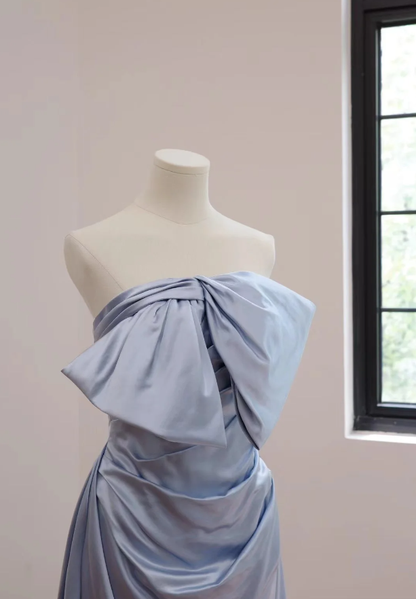 Elegant Bow Strapless Blue Satin Mermaid Long Birthday Party Dress Formal Wedding Guest Dress D2177