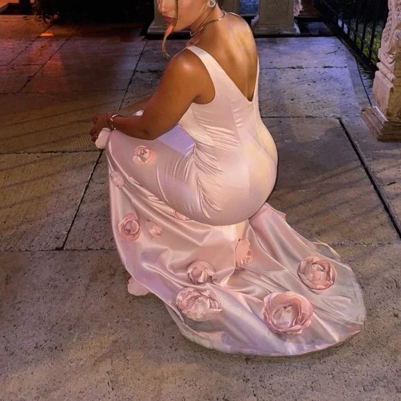 Pretty Pink Satin 3D Rose Flowers Mermaid Party Dress Long Evening Gown