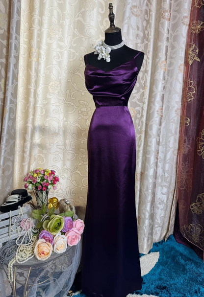 Stylish Spaghetti Straps Purple Satin Mermaid Long Evening Dress Birthday Dress SP1890