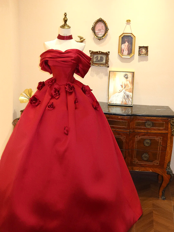 Red off-the-shoulder ball gown with a fitted waist and full skirt, bridal dress R7166