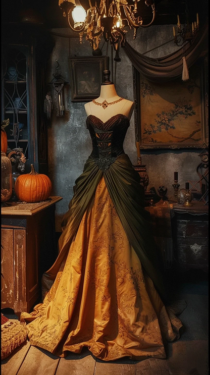 Black strapless fitted waist slim-fitting long ball gown with gold classic skirt R8120